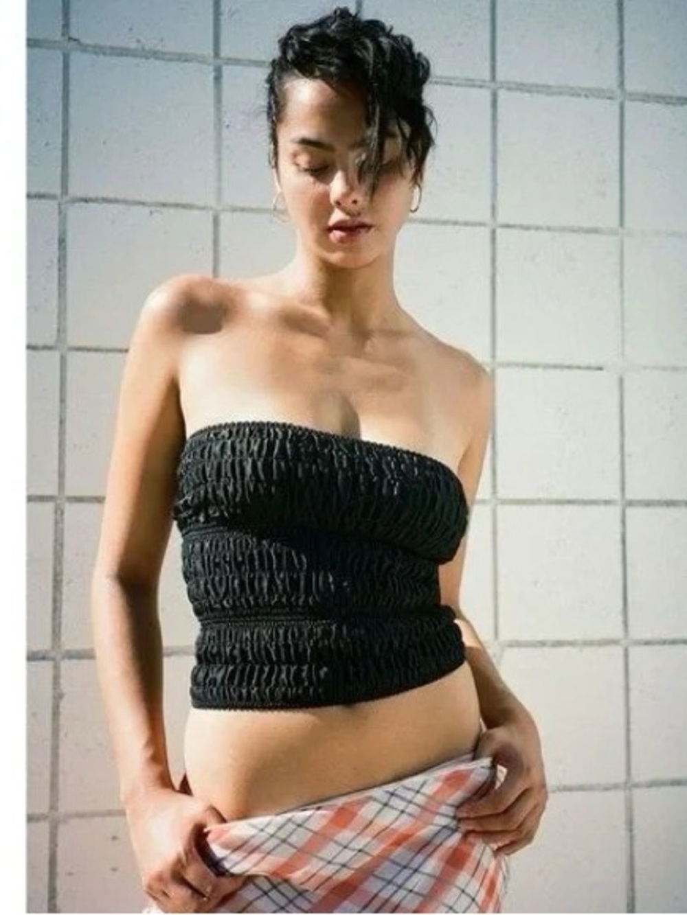 Realisation Par The Iman Top Black Smocked Silk Tube Top Coquette French Size M